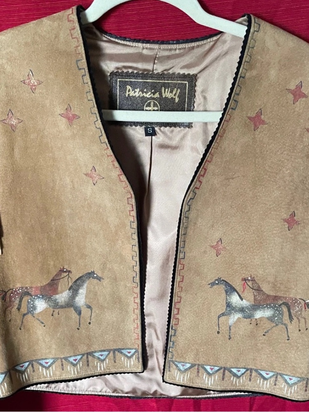 Patricia Wolf hand painted suede jacket fringe horses Indian ponies RTL $425 S - Picture 6 of 8